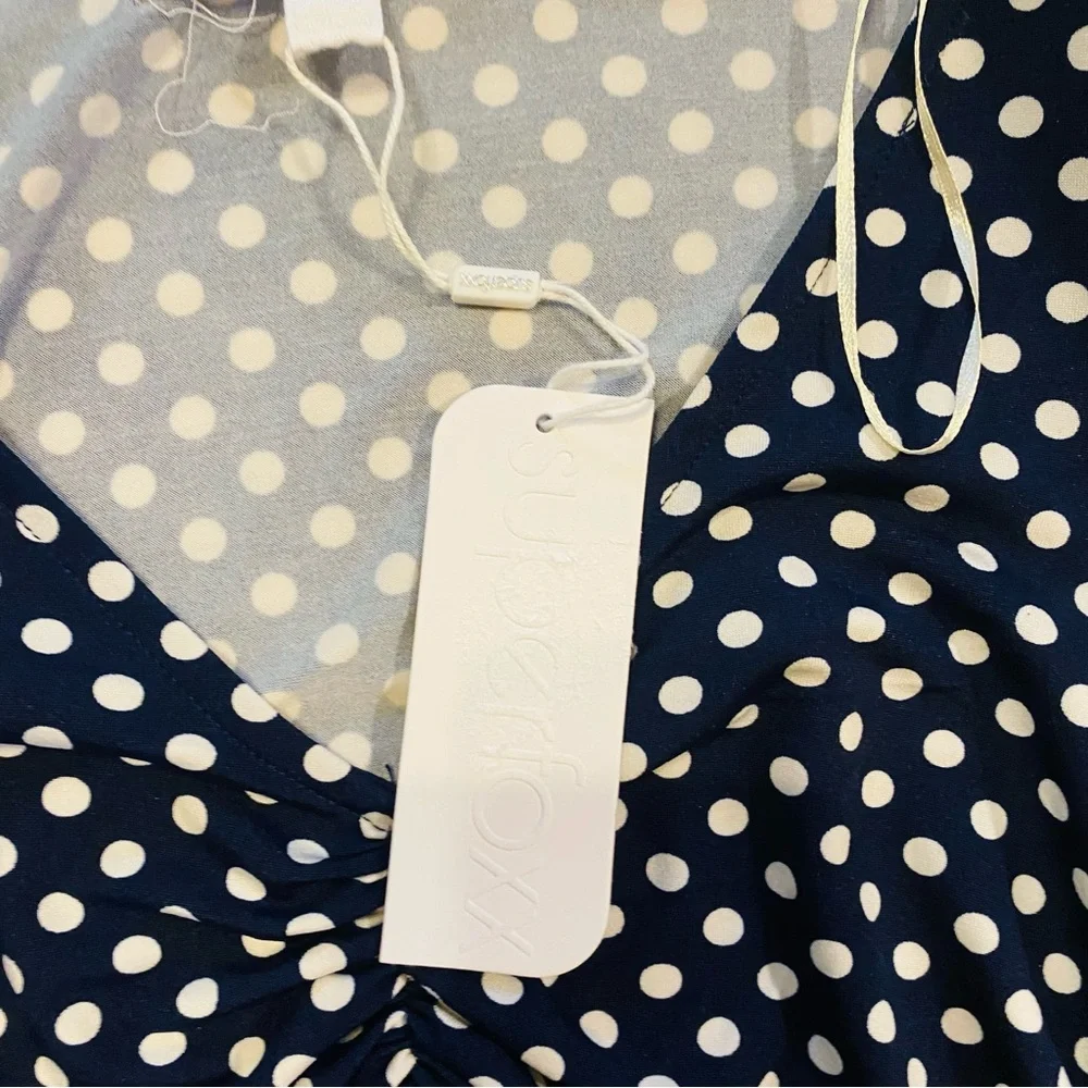 SUPERFOXX NWT NAVY & WHITE Polka Dot Fitted Ruched Midi DRESS - Picture 5 of 6
